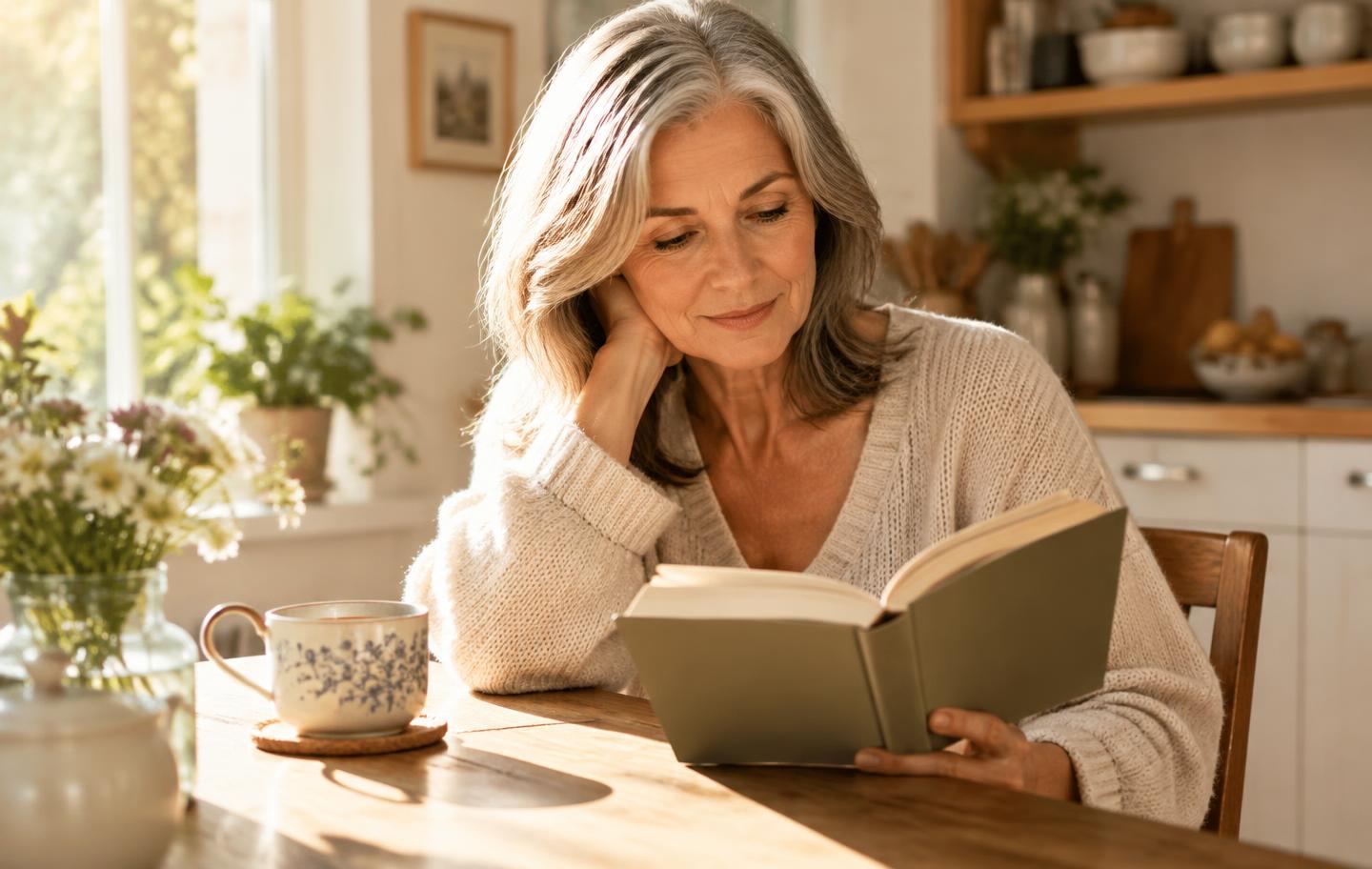 A woman reading with calm focus in morning light